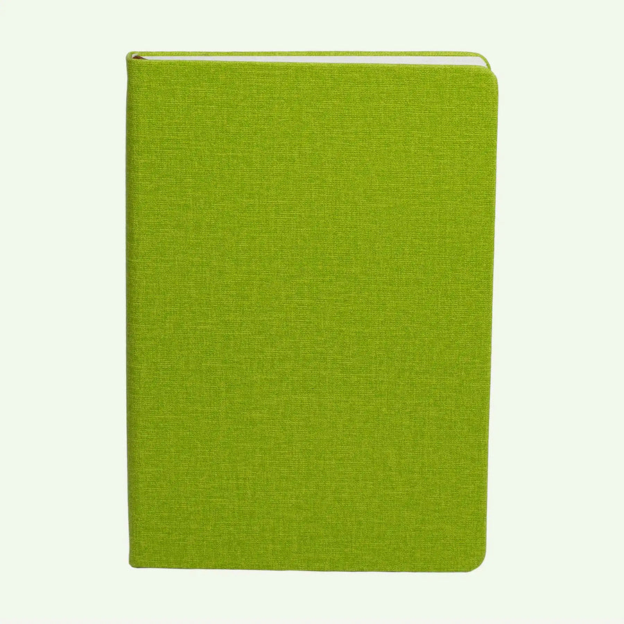 Closed green A5 linen-look Mayagra notebook for mindful journalling