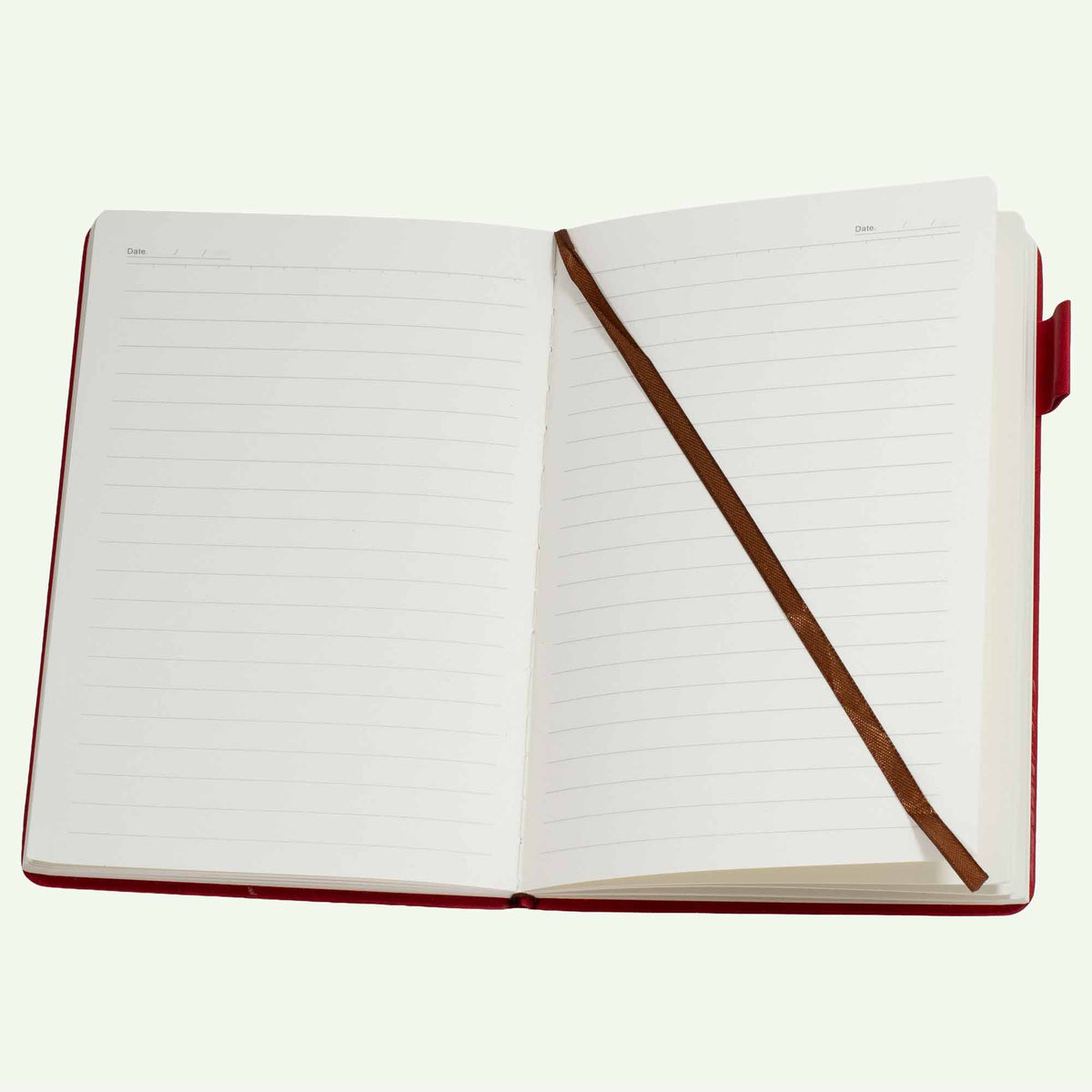 Open notebook with red binding on a white background