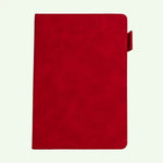 Red A5 suede hardcover notebook with lined pages for study, work notes and journaling.