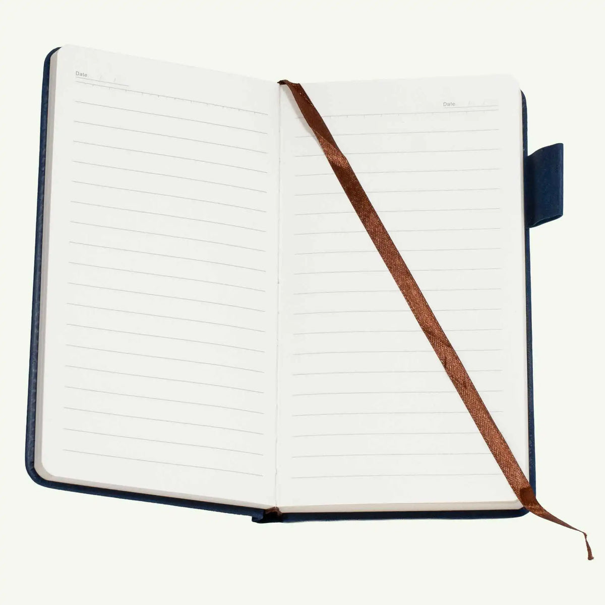 Open blue A6 suede notebook showing lined 100gsm pages