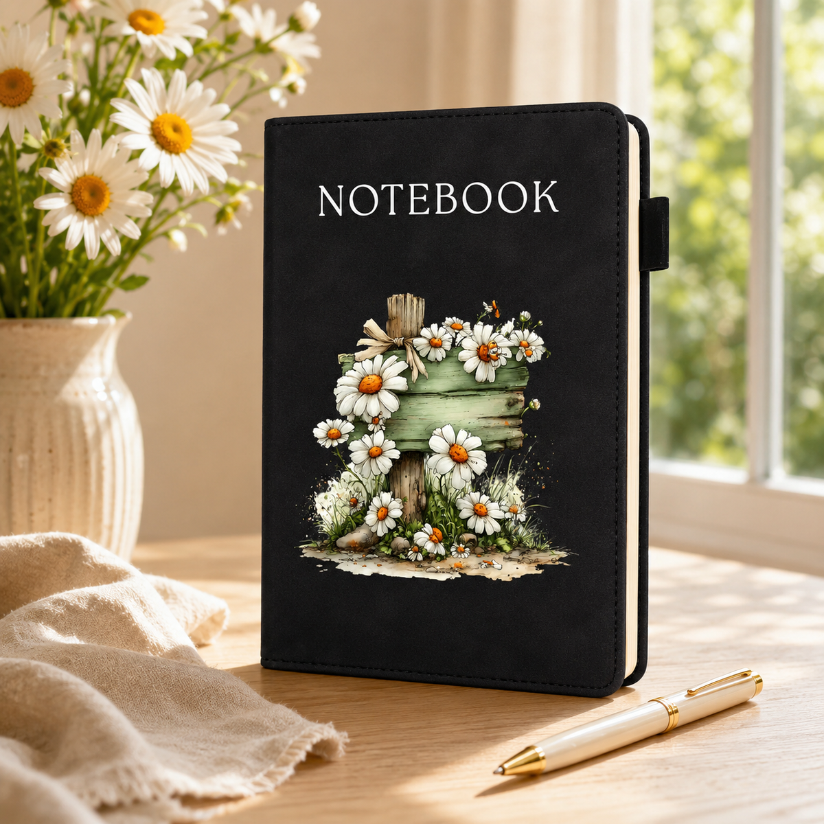 A black notebook with a floral illustration of daisies and a wooden fence on the cover, standing on a wooden table next to a cream pen and a vase of daisies.