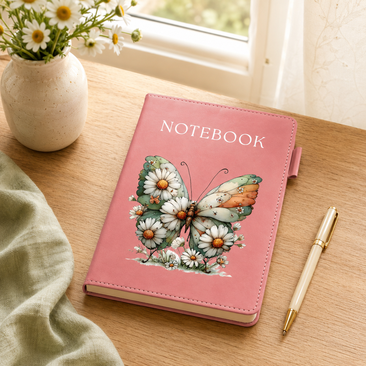 A pink notebook with a butterfly and daisy illustration on the cover sits on a wooden table next to a pen, with a vase of white flowers and a draped fabric in the background.
