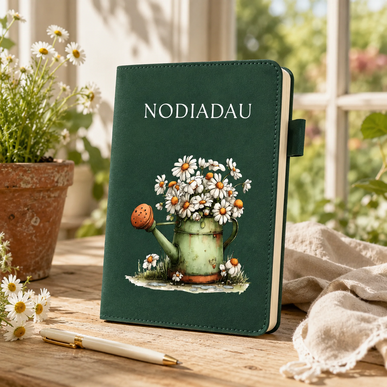 A dark green hardcover journal with the name 'NODIADAU' printed at the top and an illustration of daisies bursting from a watering can on the cover, standing on a wooden table with flowers, a pen, and a cloth nearby.