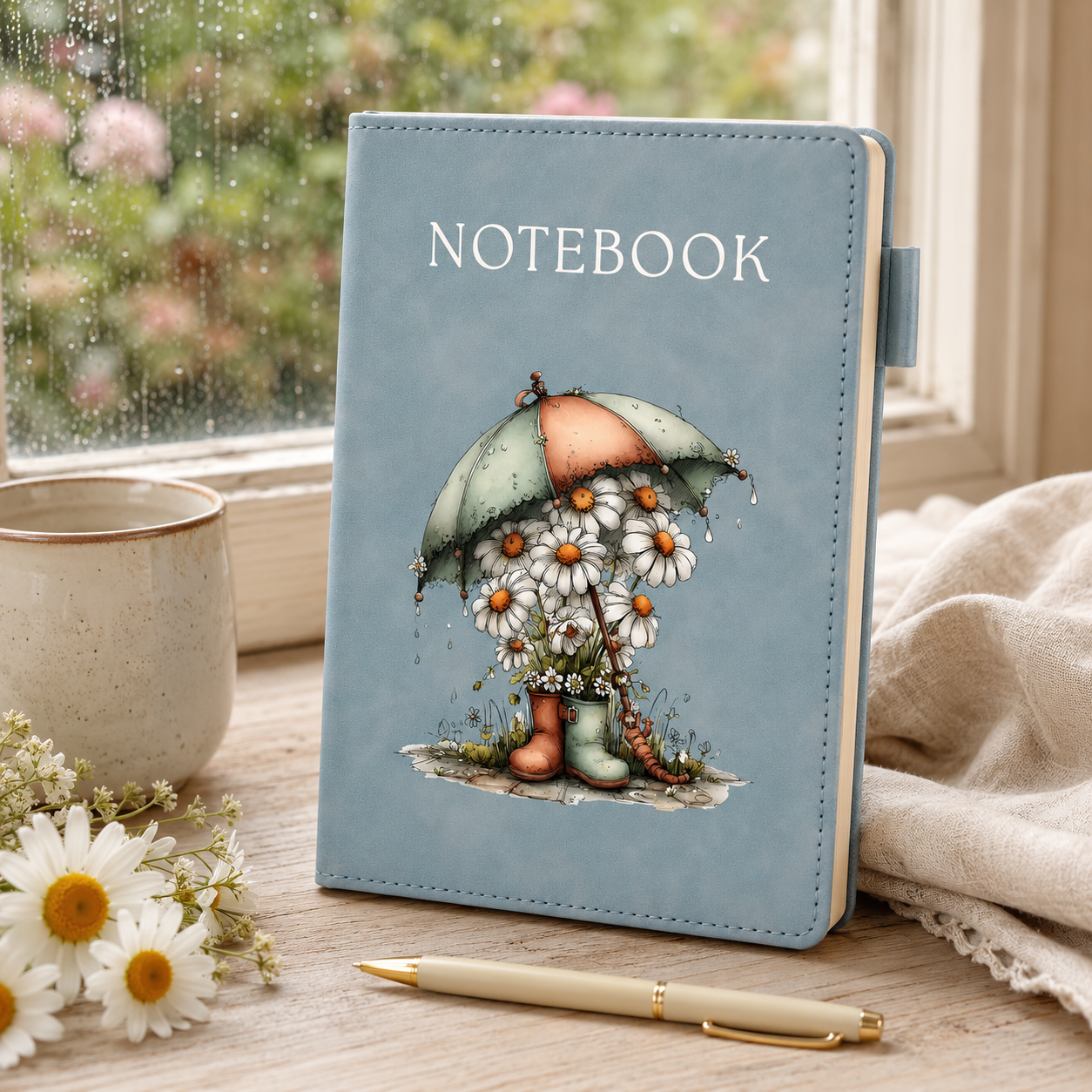 A light blue notebook with a whimsical illustration of an umbrella made of daisies and rain boots, standing on a wooden table next to a mug, flowers, and a pen.