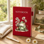 A red notebook with a whimsical illustration of a house surrounded by daisies stands on a wooden table in a bright, sunlit room. The notebook has the word 'NOTEBOOK' printed on the cover and is styled with a cream pen, folded napkin, ribbon, and small flowers.