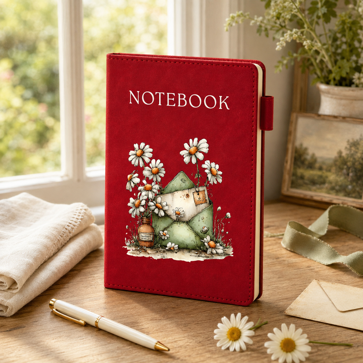 A red notebook with a whimsical illustration of a house surrounded by daisies stands on a wooden table in a bright, sunlit room. The notebook has the word 'NOTEBOOK' printed on the cover and is styled with a cream pen, folded napkin, ribbon, and small flowers.