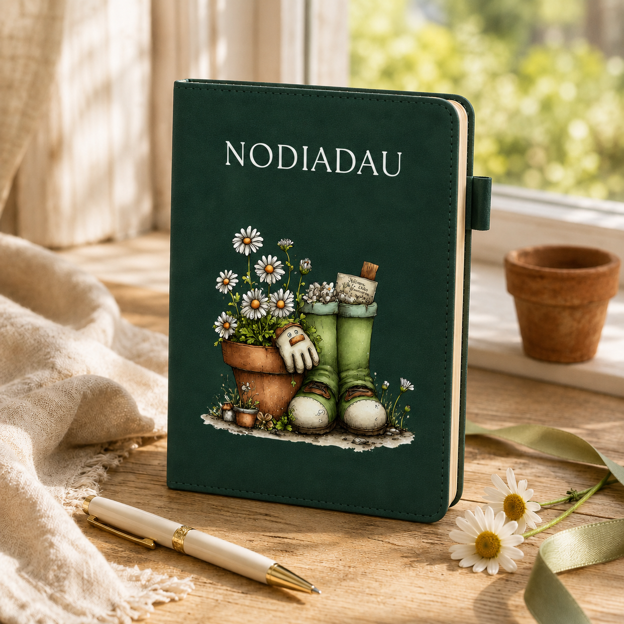 A dark green hardcover journal standing on a wooden table, decorated with the word 'NODIADAU' and an illustration of green gardening boots, daisies, and a hand in a pot. A cream pen, white daisies, and a beige fabric cloth are arranged around it, with a softly blurred window and greenery in the background.