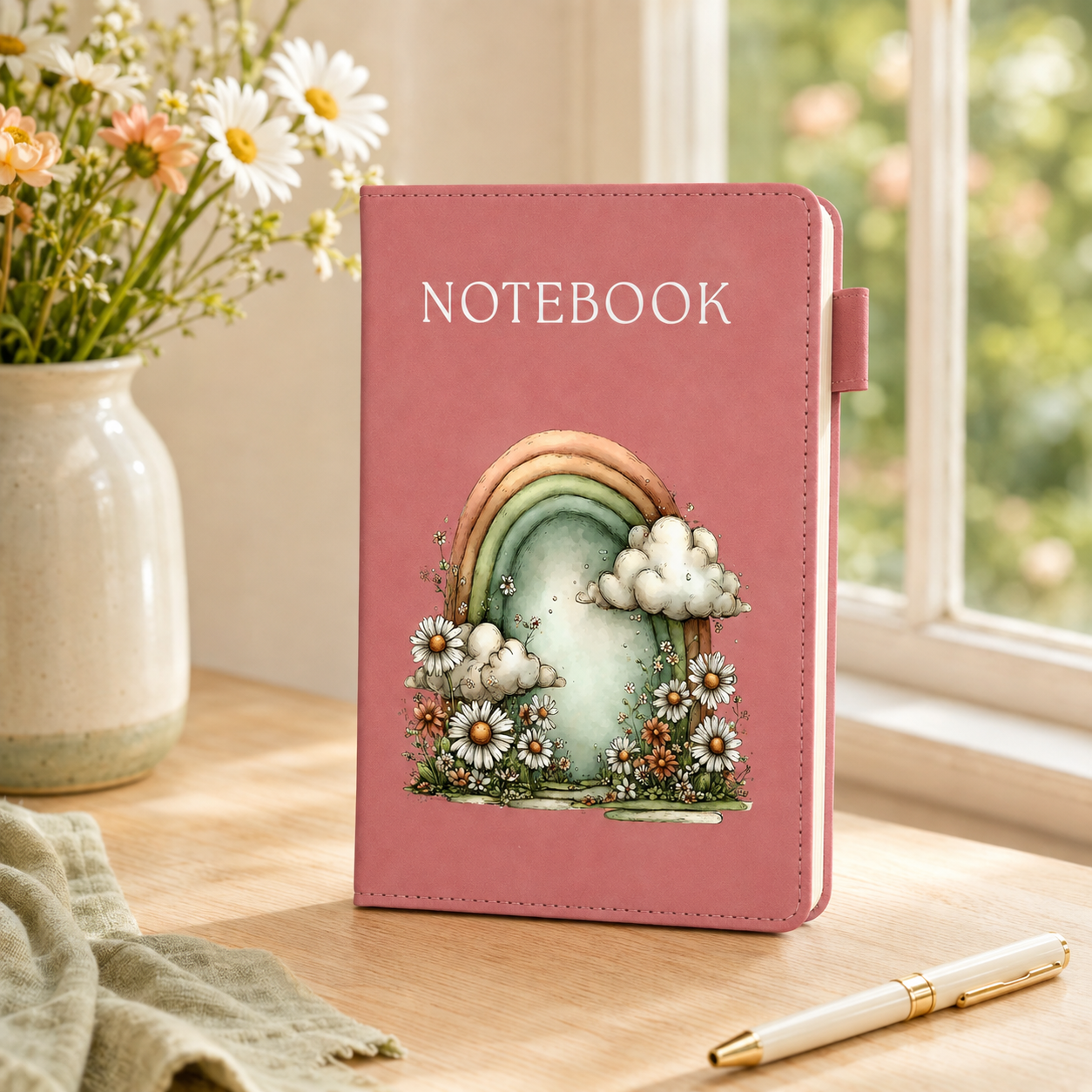 A pink notebook with a watercolor-style rainbow and daisy illustration on the cover, standing on a wooden table near a window with flowers in a vase and a pen nearby.