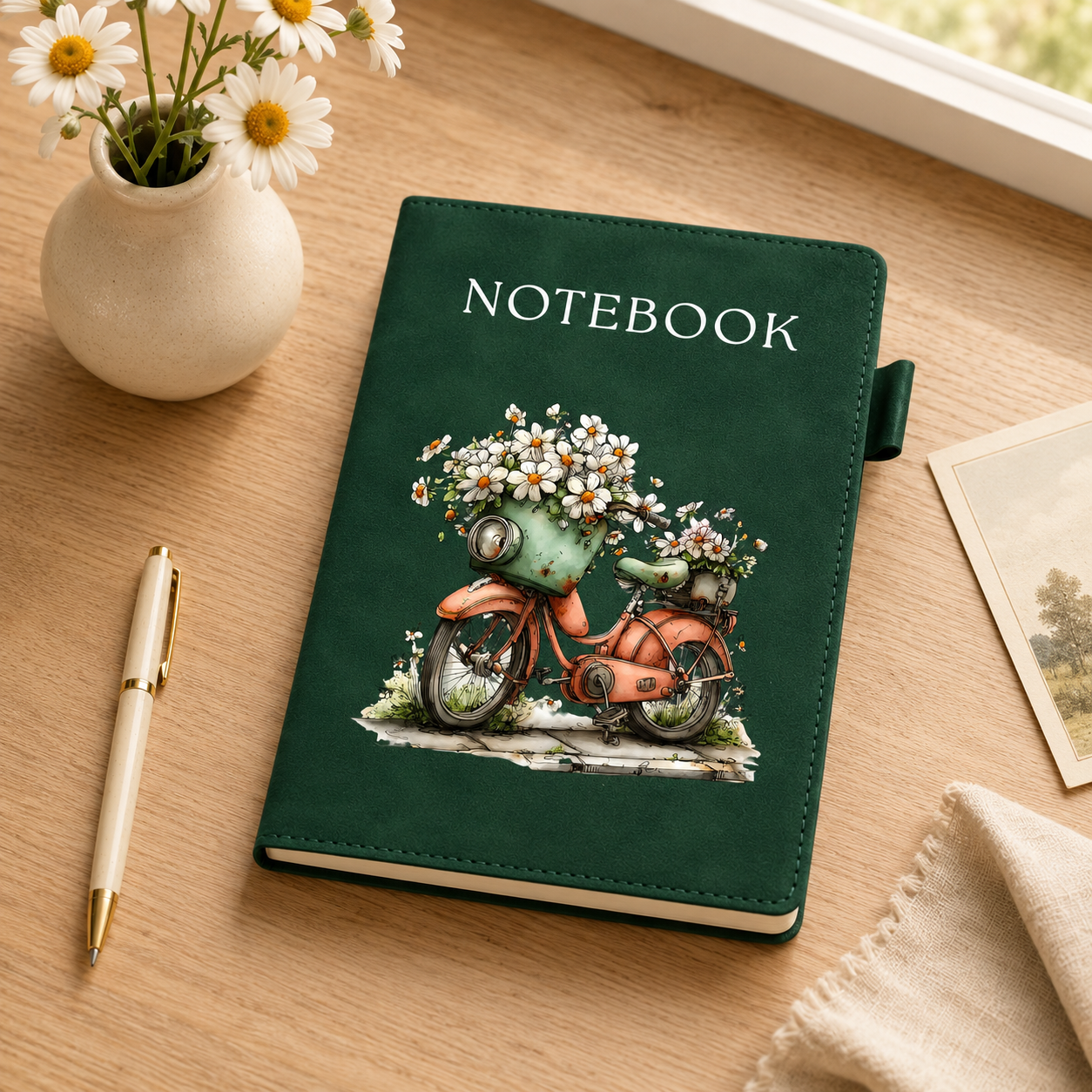 A dark green notebook with a vintage-style illustration of a retro orange motorcycle carrying white daisies, placed on a wooden desk next to a cream pen, a small vase of daisies, and a folded beige cloth.