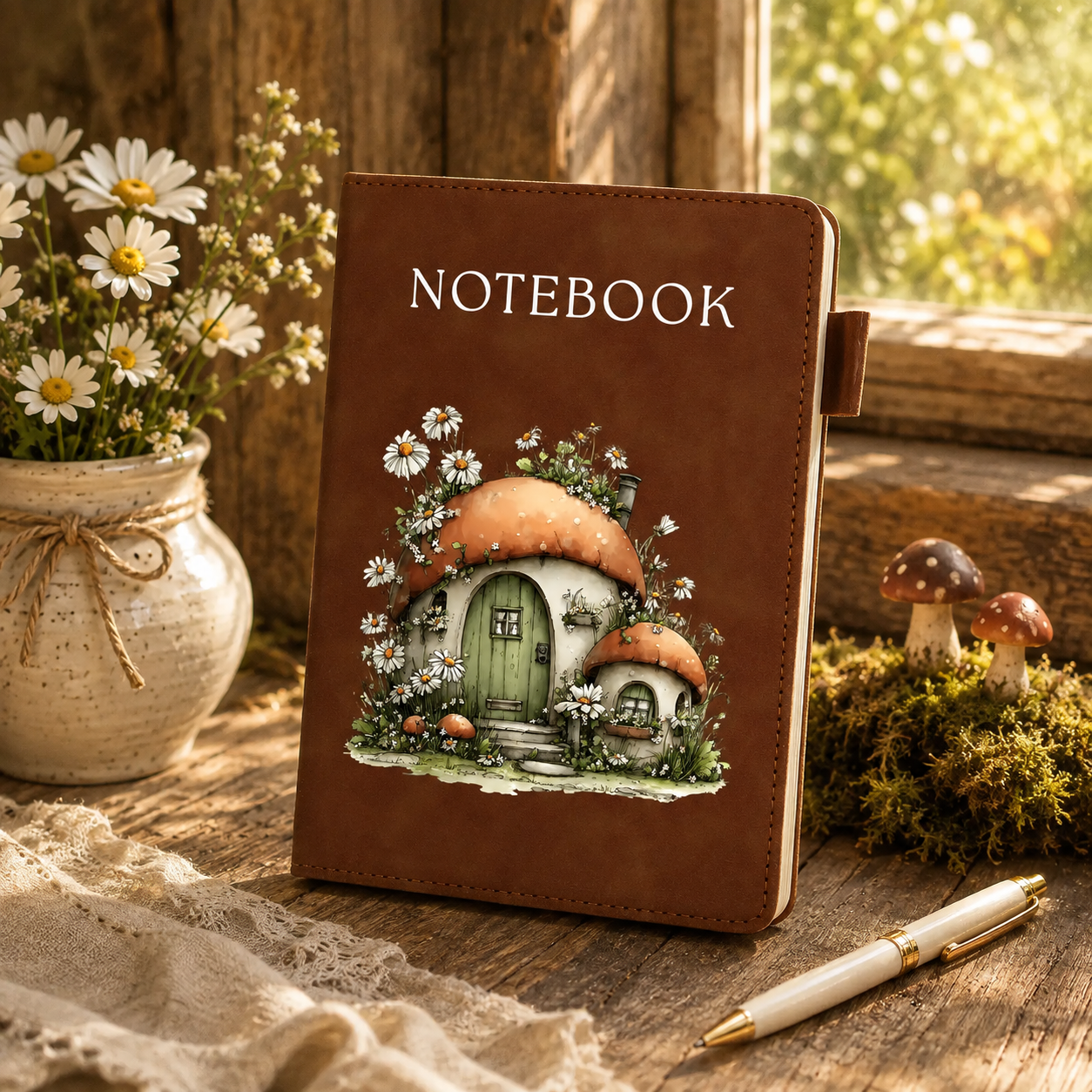 Light-blue Daisy Patchwork Kite notebook styled with daisies, an ivory pen, linen, ribbon and wooden spool.