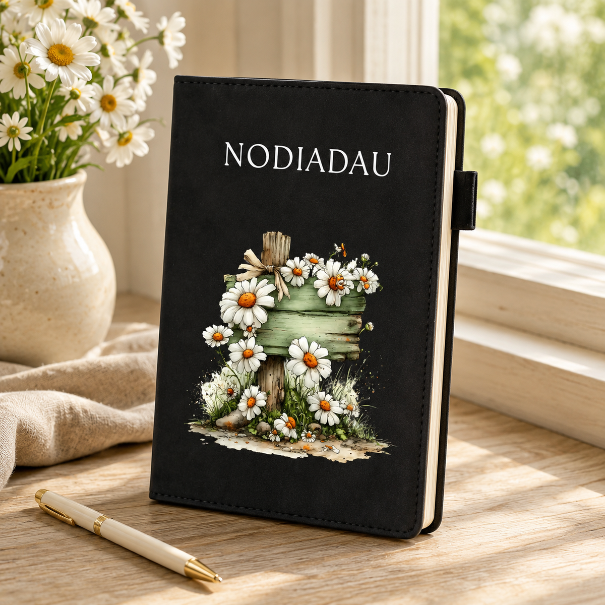 Black A5 suede-effect lined notebook with NODIADAU text and a rustic green wooden signpost surrounded by white daisies.