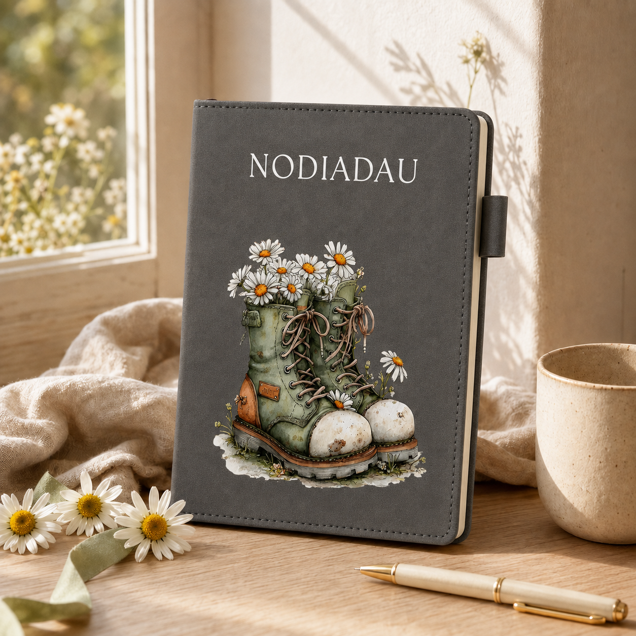 A dark gray hardcover notebook with the name 'NODIADAU' printed at the top and an illustration of green lace-up boots filled with white daisies on the front cover. The notebook stands on a wooden table in a warm, sunlit room with a cream mug, a pen, and daisies nearby.