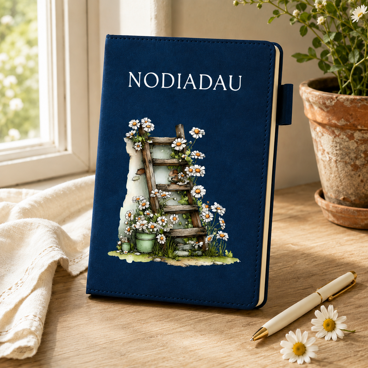 A navy blue notebook with the word 'NODIADAU' printed in white at the top and an illustrated floral ladder design on the front, standing on a wooden table beside a window, cloth, pen, and potted flowers.