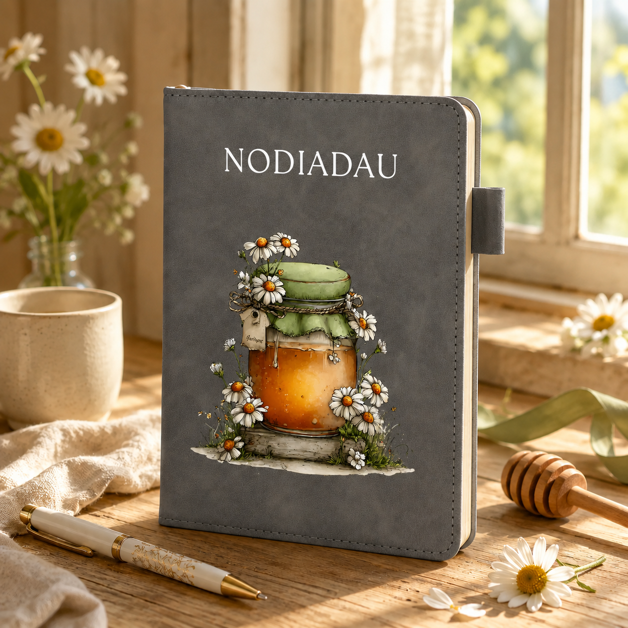 A gray hardcover journal standing on a wooden table by a window, decorated with an illustration of a honey jar and daisies. The word 'NODIADAU' is printed at the top.