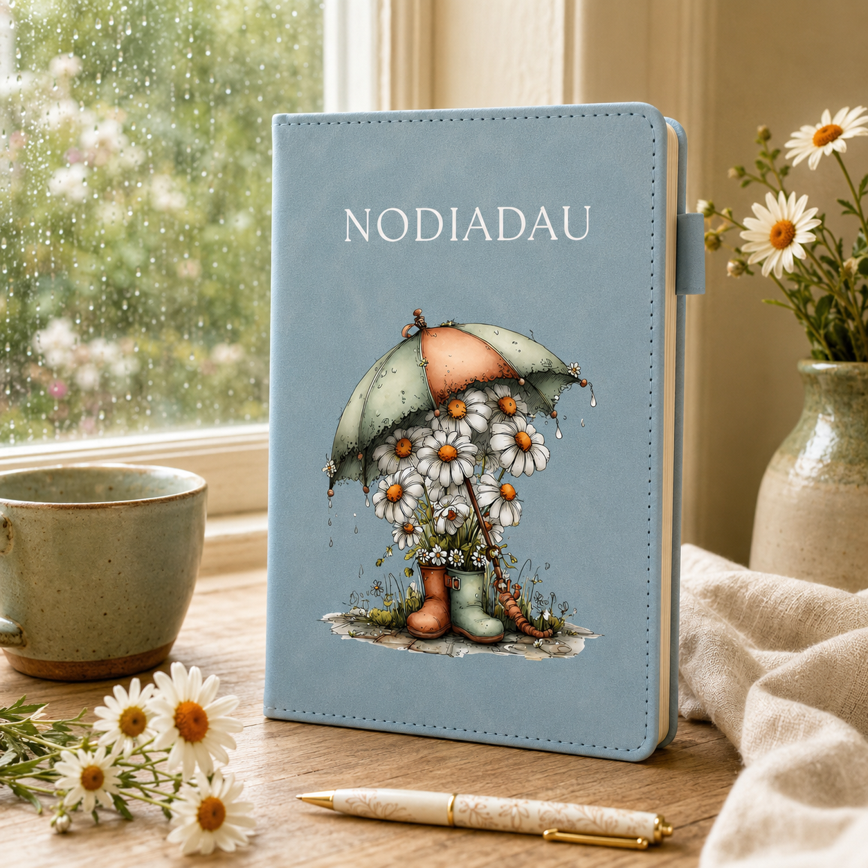 Light blue A5 Welsh Nodiadau notebook with an umbrella sheltering white daisies and colourful wellington boots.