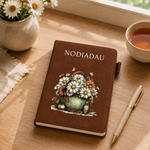 Brown A5 Welsh suede-effect notebook with Nodiadau wording, stitched edges and a colourful daisy basket with butterflies.