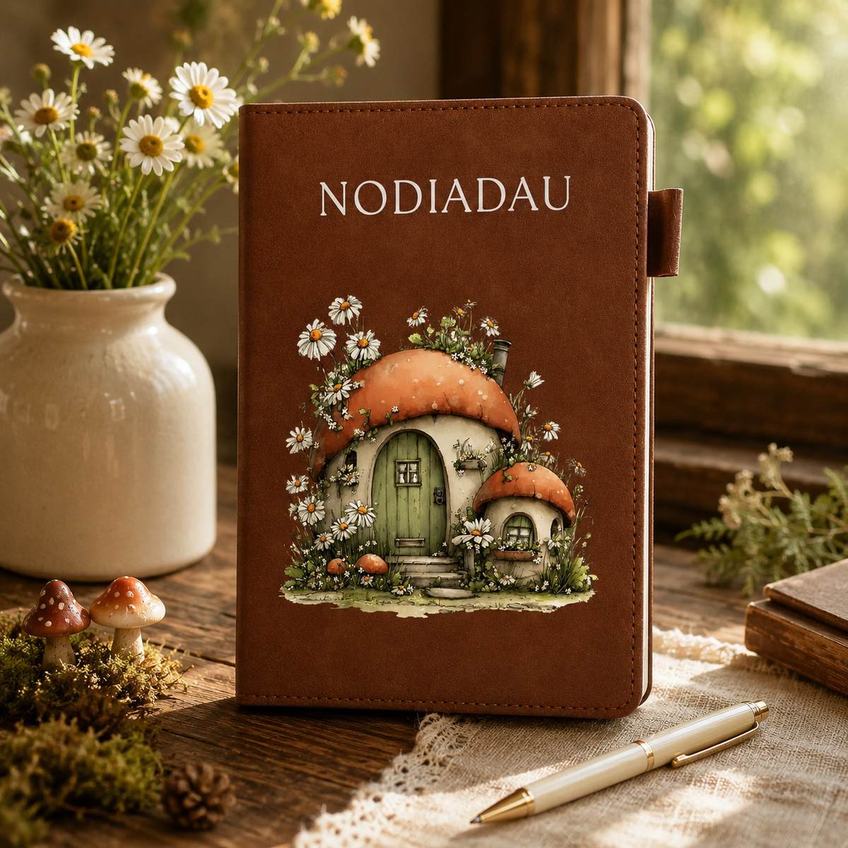 Brown A5 Welsh Nodiadau notebook with a whimsical mushroom cottage, white daisies and woodland greenery.