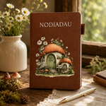 Brown A5 Welsh Nodiadau notebook with a whimsical mushroom cottage, white daisies and woodland greenery.