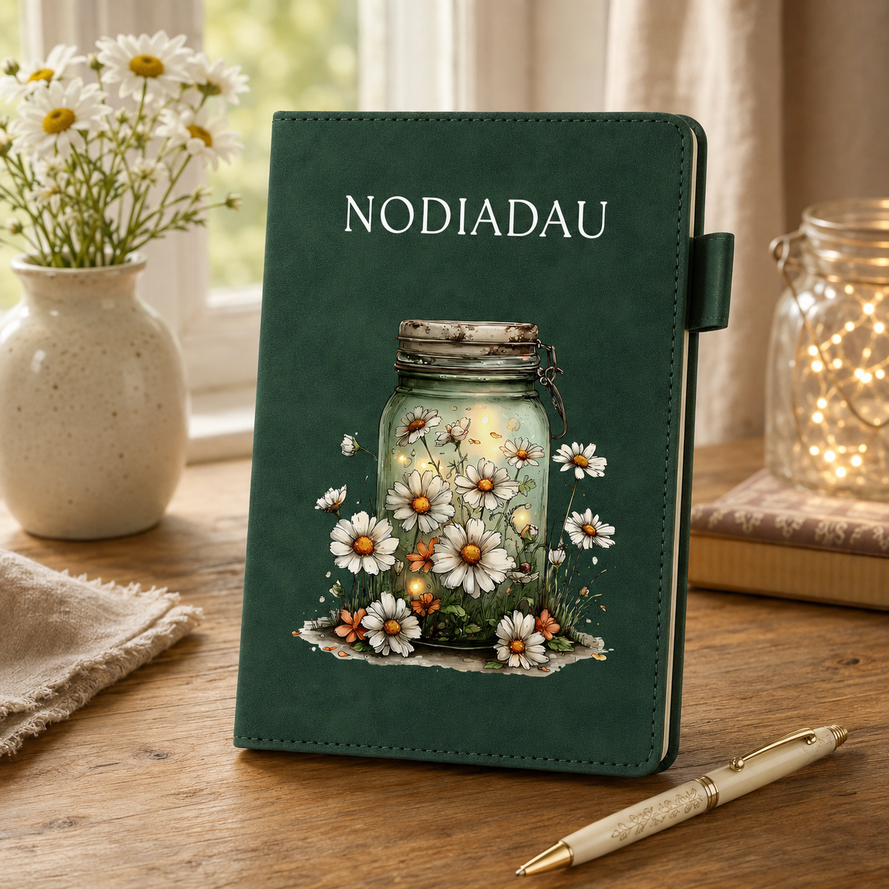 A dark green hardcover journal with the name 'NODIADAU' printed at the top and an illustration of a mason jar filled with daisies on the front, standing on a wooden table with a pen in front and flowers and a lit candle in the background.