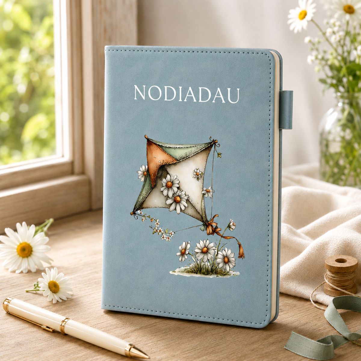 A light blue notebook or journal standing on a wooden table by a window, decorated with the word 'NODIADAU' and an illustration of a kite, daisies, and small flowers. A cream pen, ribbon, thread spool, and flowers are arranged around it.