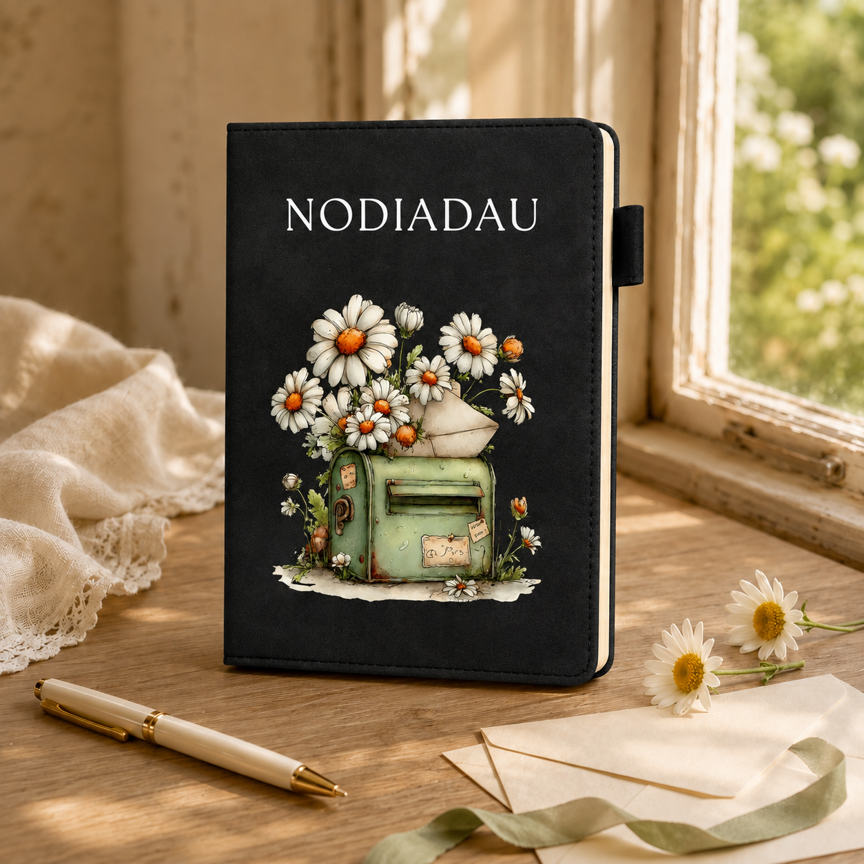 Black Welsh A5 suede-effect notebook with vintage green postbox, envelope and daisies beneath white Nodiadau cover text.