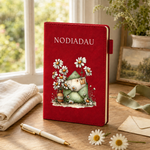 A red hardcover journal standing on a wooden table by a window, decorated with the word 'NODIADAU' and an illustration of a green cottage surrounded by white daisies. A cream pen, folded beige cloth, ribbon, and flowers are arranged around it.