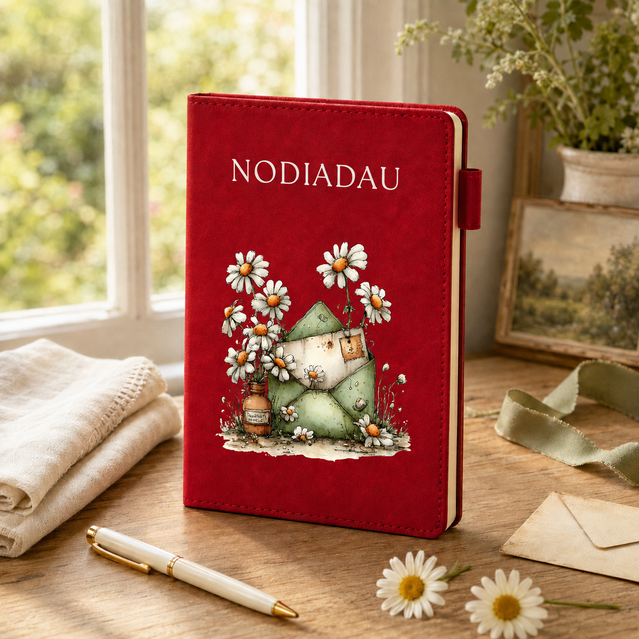A red hardcover journal standing on a wooden table by a window, decorated with the word 'NODIADAU' and an illustration of a green cottage surrounded by white daisies. A cream pen, folded beige cloth, ribbon, and flowers are arranged around it.