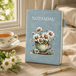 A light blue hardcover journal with the name 'NODIADAU' printed at the top and an illustration of daisies in a teacup on the front, styled on a wooden table beside a teacup, flowers, and a pen.