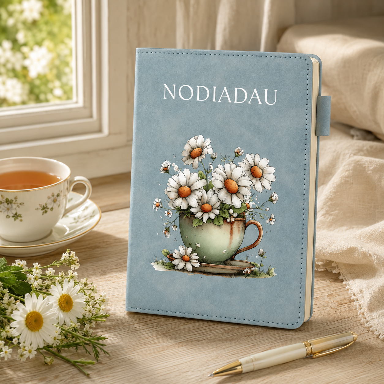 A light blue hardcover journal with the name 'NODIADAU' printed at the top and an illustration of daisies in a teacup on the front, styled on a wooden table beside a teacup, flowers, and a pen.