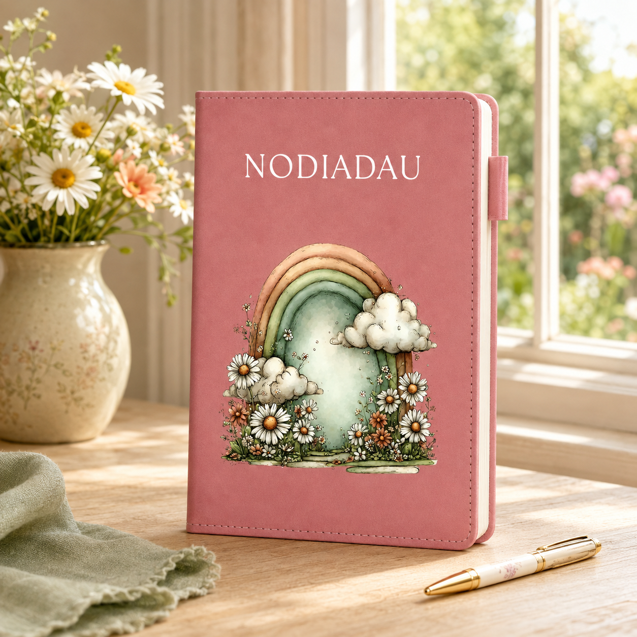 A pink hardcover journal with the word 'NODIADAU' printed at the top and an illustrated rainbow, clouds, and daisies on the front, standing on a wooden table by a window with flowers and a pen nearby.