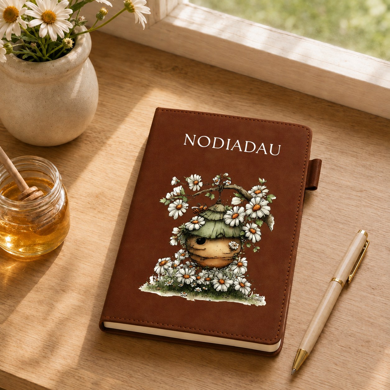 A brown leather journal with the name 'NODIADAU' and a floral bee illustration on the cover, styled on a wooden table with a pen, honey jar, and flowers near a window.
