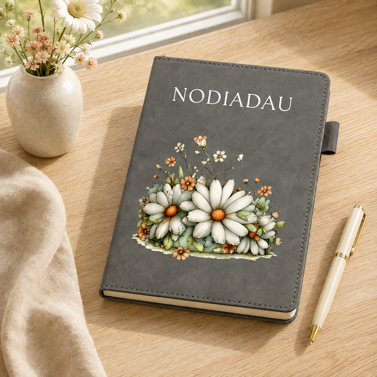 Grey Welsh Nodiadau A5 notebook with a crown-shaped arrangement of white daisies and peach wildflowers.