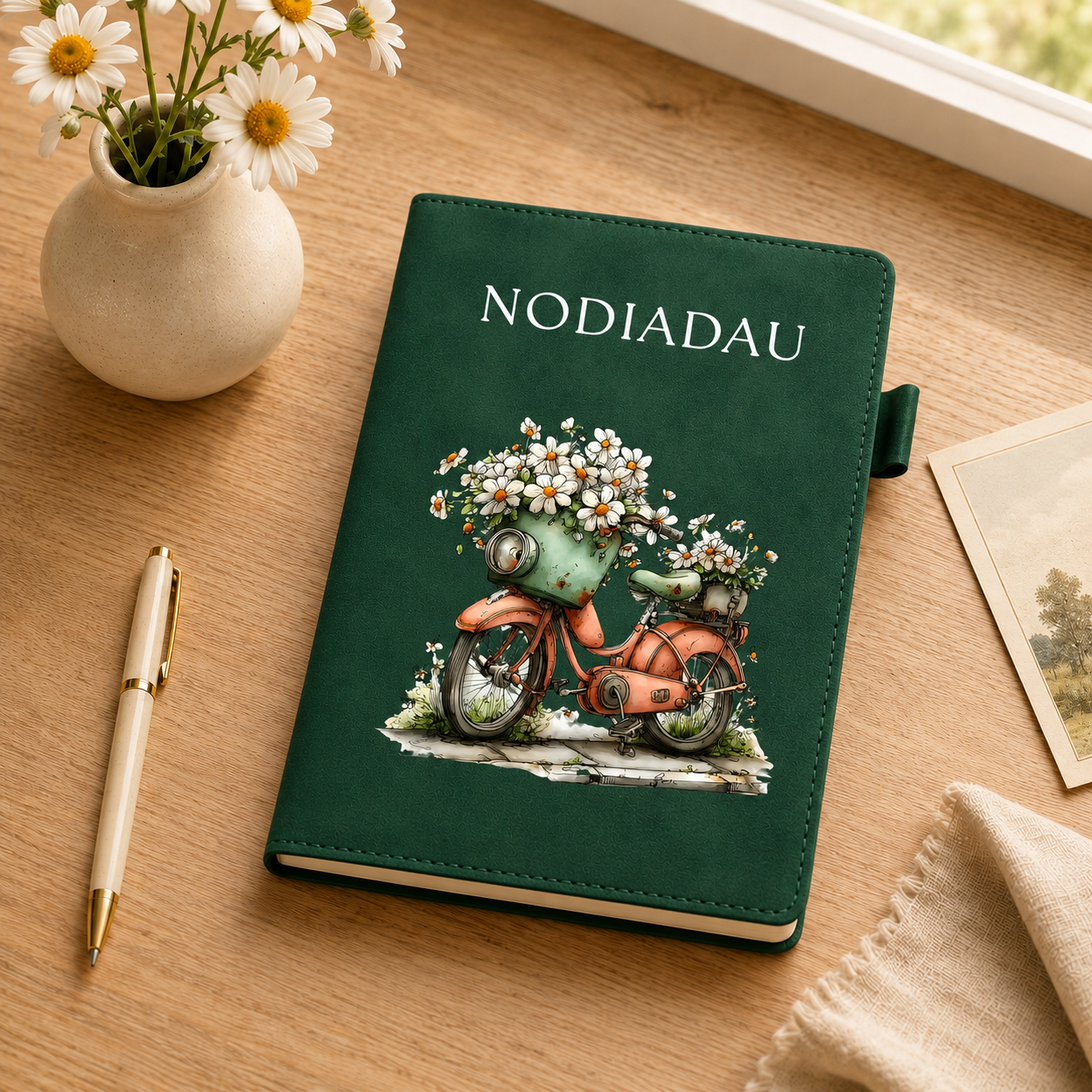 A dark green hardcover journal or notebook with the name 'NODIADAU' printed in white at the top, featuring an illustration of a retro bicycle covered in white daisies on the front cover. The notebook is styled on a wooden desk next to a small vase of daisies, a gold pen, and a folded beige cloth.