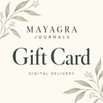 Mayagra Journals digital gift card with dark green lettering and sage botanical illustrations on an ivory background.
